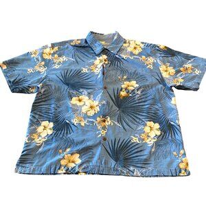 Jamaica Jaxx XL Hawaiian Floral Button-Down Shirt  Blue & Yellow Hibiscus Print